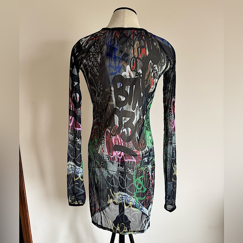 CURRENT MOOD DOLLS KILL Graffiti Long Sleeve Sheer Midi Dress XL NEW WITH TAG - Picture 3 of 4